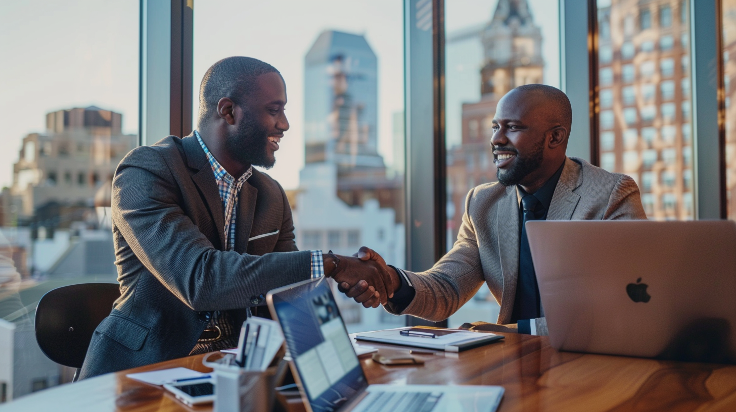 Black entrepreneurs sealing a business partnership in a modern office with a city skyline